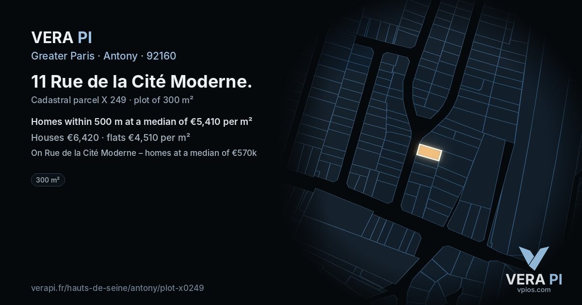 11 Rue de la Cité Moderne, Antony at night – the plot lit, the parcels around coloured by the prices near them