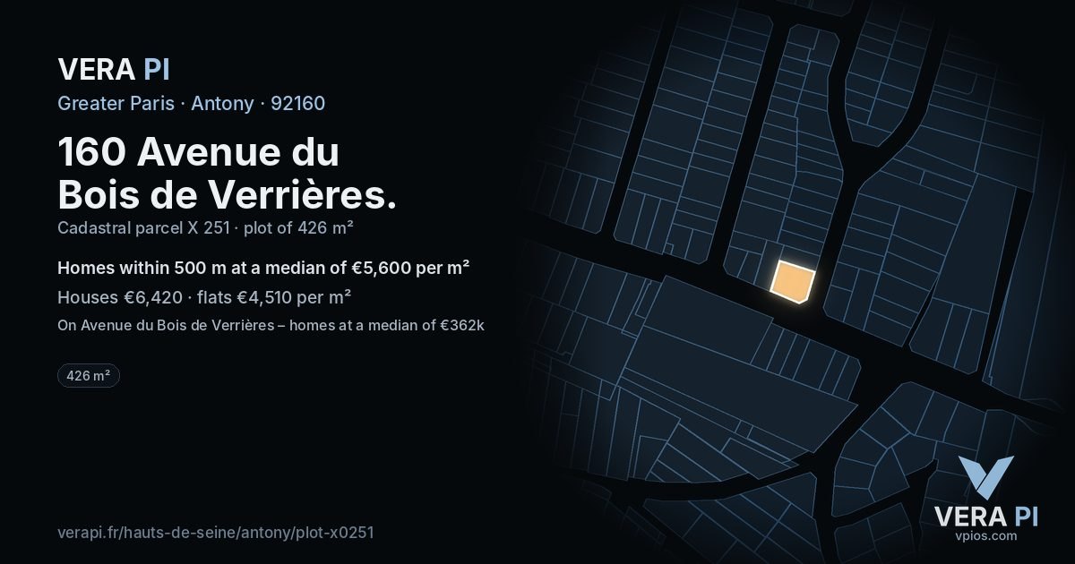 160 Avenue du Bois de Verrières, Antony at night – the plot lit, the parcels around coloured by the prices near them