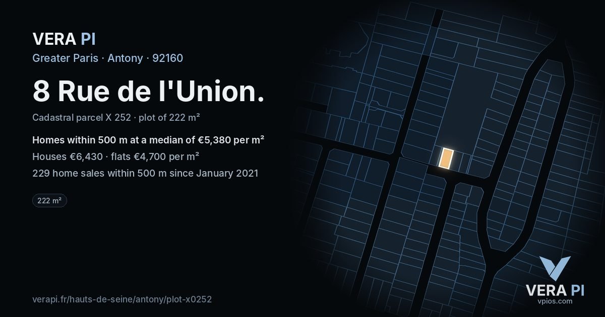 8 Rue de l'Union, Antony at night – the plot lit, the parcels around coloured by the prices near them