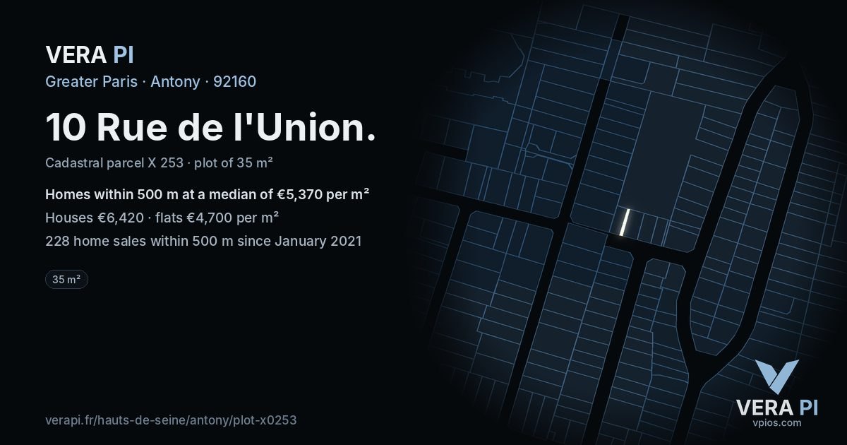 10 Rue de l'Union, Antony at night – the plot lit, the parcels around coloured by the prices near them