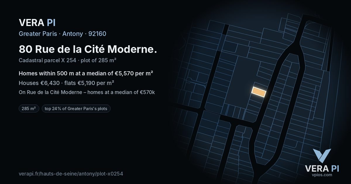 80 Rue de la Cité Moderne, Antony at night – the plot lit, the parcels around coloured by the prices near them