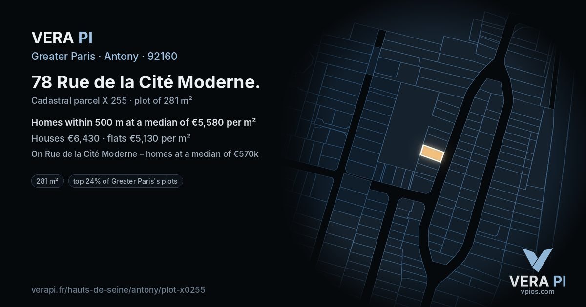 78 Rue de la Cité Moderne, Antony at night – the plot lit, the parcels around coloured by the prices near them