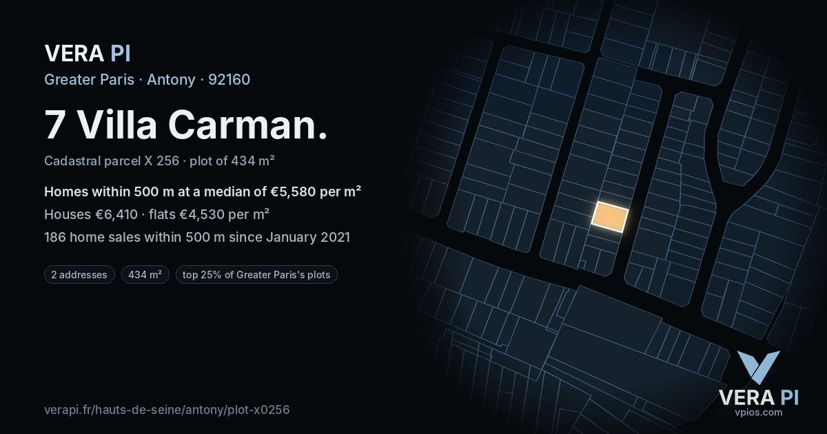 7 Villa Carman, Antony at night – the plot lit, the parcels around coloured by the prices near them