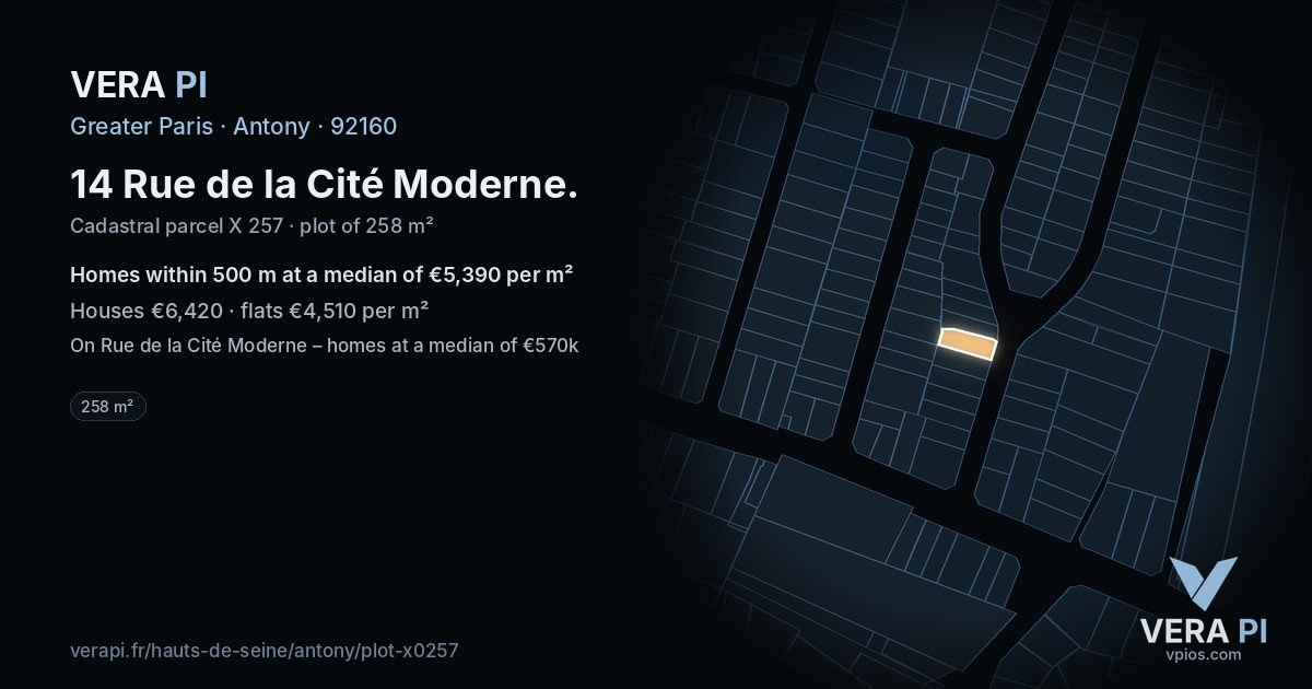 14 Rue de la Cité Moderne, Antony at night – the plot lit, the parcels around coloured by the prices near them