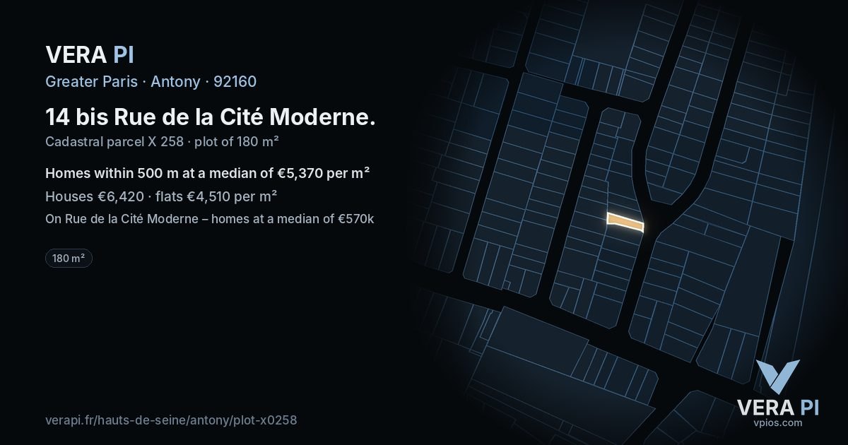 14 bis Rue de la Cité Moderne, Antony at night – the plot lit, the parcels around coloured by the prices near them