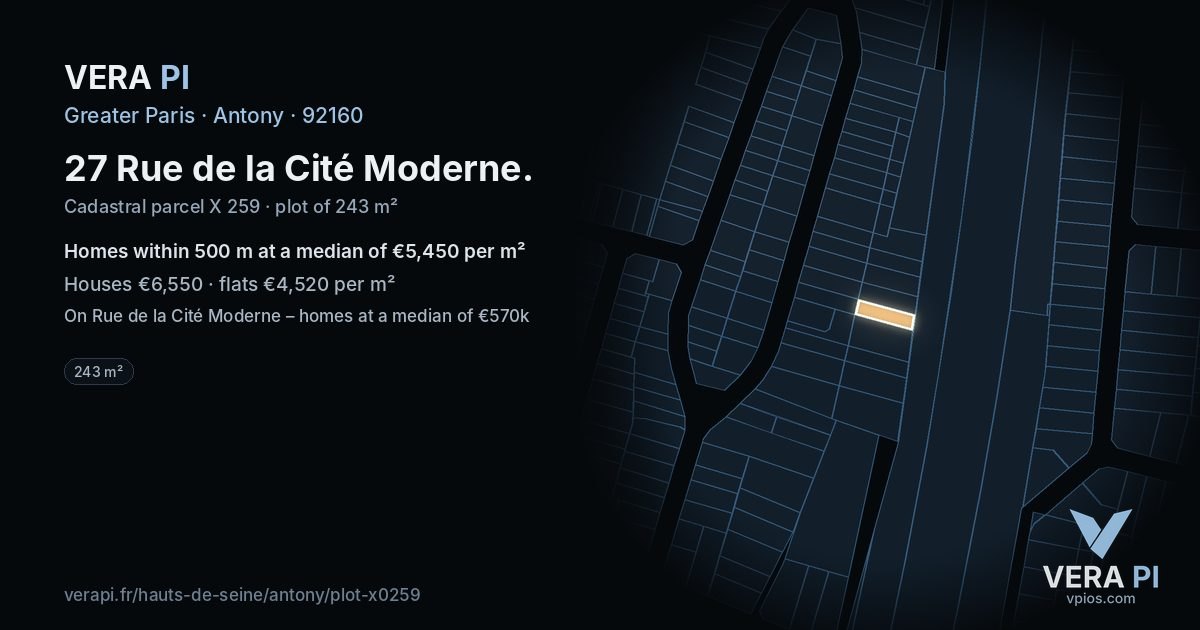 27 Rue de la Cité Moderne, Antony at night – the plot lit, the parcels around coloured by the prices near them