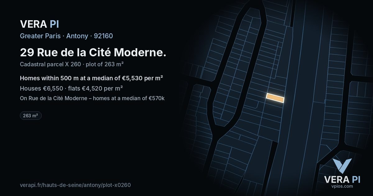 29 Rue de la Cité Moderne, Antony at night – the plot lit, the parcels around coloured by the prices near them