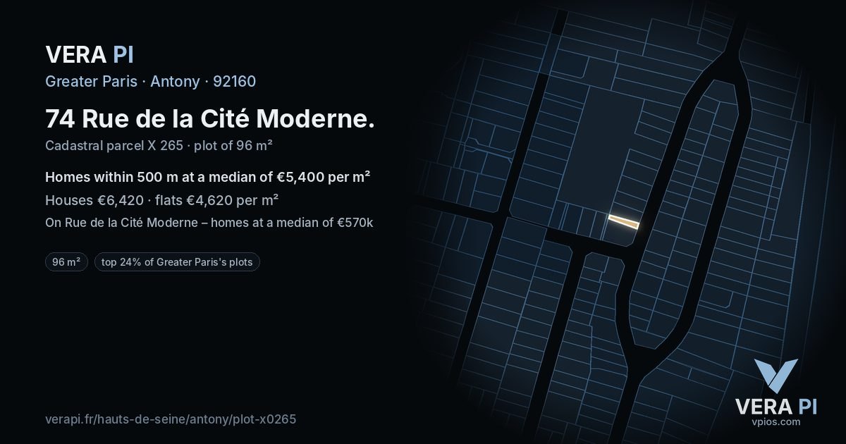 74 Rue de la Cité Moderne, Antony at night – the plot lit, the parcels around coloured by the prices near them