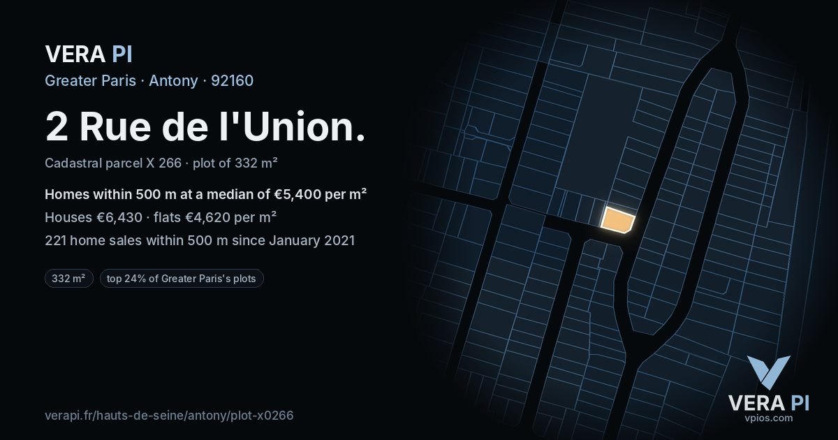 2 Rue de l'Union, Antony at night – the plot lit, the parcels around coloured by the prices near them