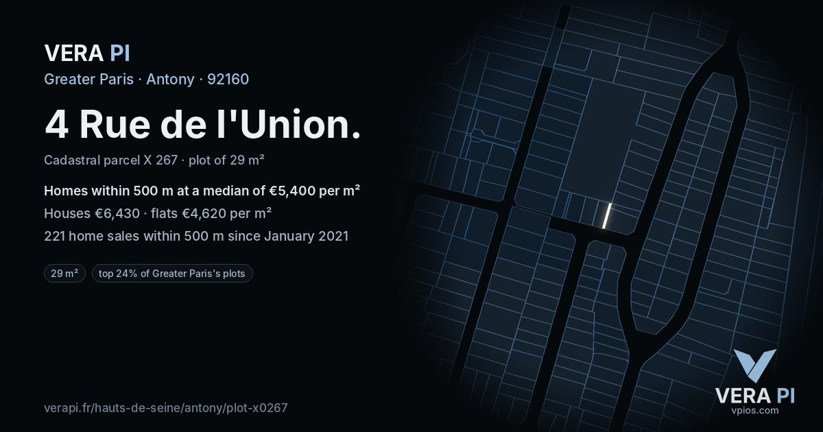 4 Rue de l'Union, Antony at night – the plot lit, the parcels around coloured by the prices near them