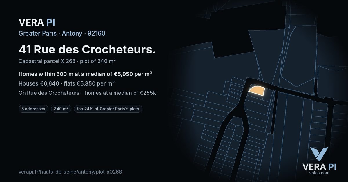 41 Rue des Crocheteurs, Antony at night – the plot lit, the parcels around coloured by the prices near them