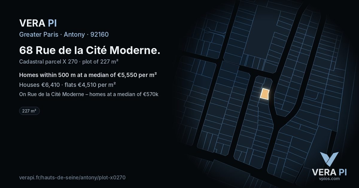 68 Rue de la Cité Moderne, Antony at night – the plot lit, the parcels around coloured by the prices near them