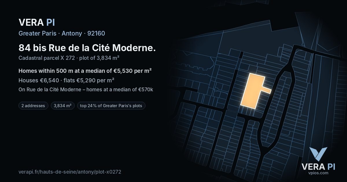84 bis Rue de la Cité Moderne, Antony at night – the plot lit, the parcels around coloured by the prices near them