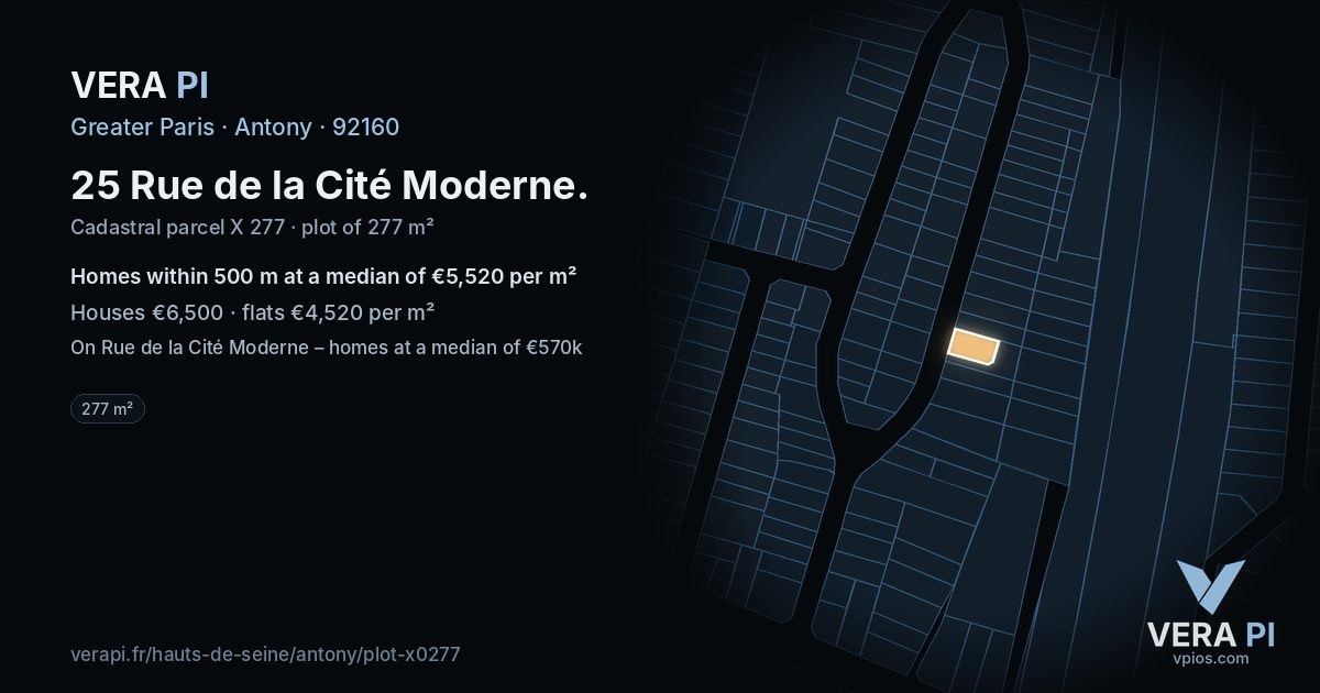 25 Rue de la Cité Moderne, Antony at night – the plot lit, the parcels around coloured by the prices near them