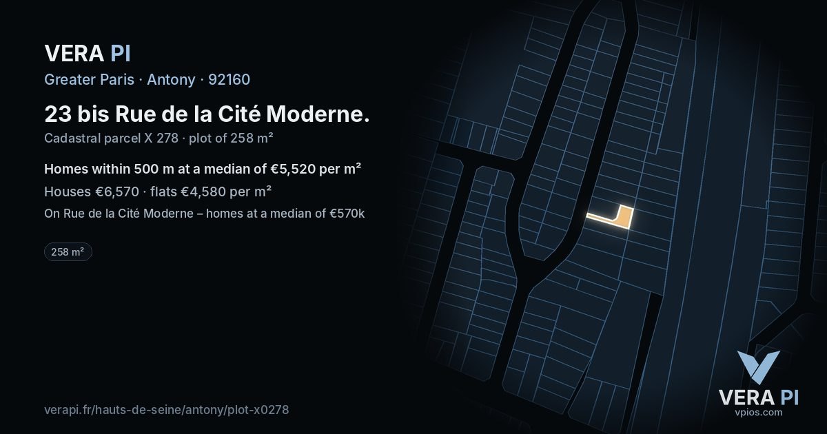 23 bis Rue de la Cité Moderne, Antony at night – the plot lit, the parcels around coloured by the prices near them