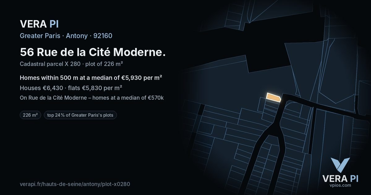 56 Rue de la Cité Moderne, Antony at night – the plot lit, the parcels around coloured by the prices near them