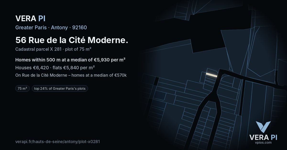 56 Rue de la Cité Moderne, Antony at night – the plot lit, the parcels around coloured by the prices near them