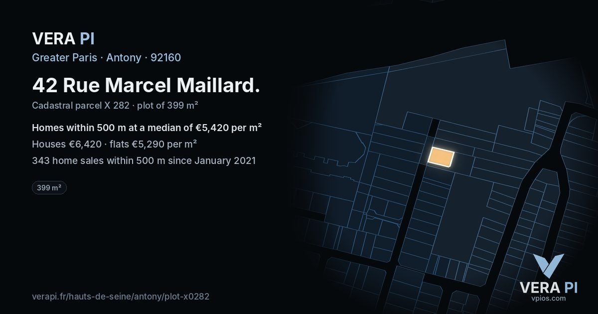 42 Rue Marcel Maillard, Antony at night – the plot lit, the parcels around coloured by the prices near them