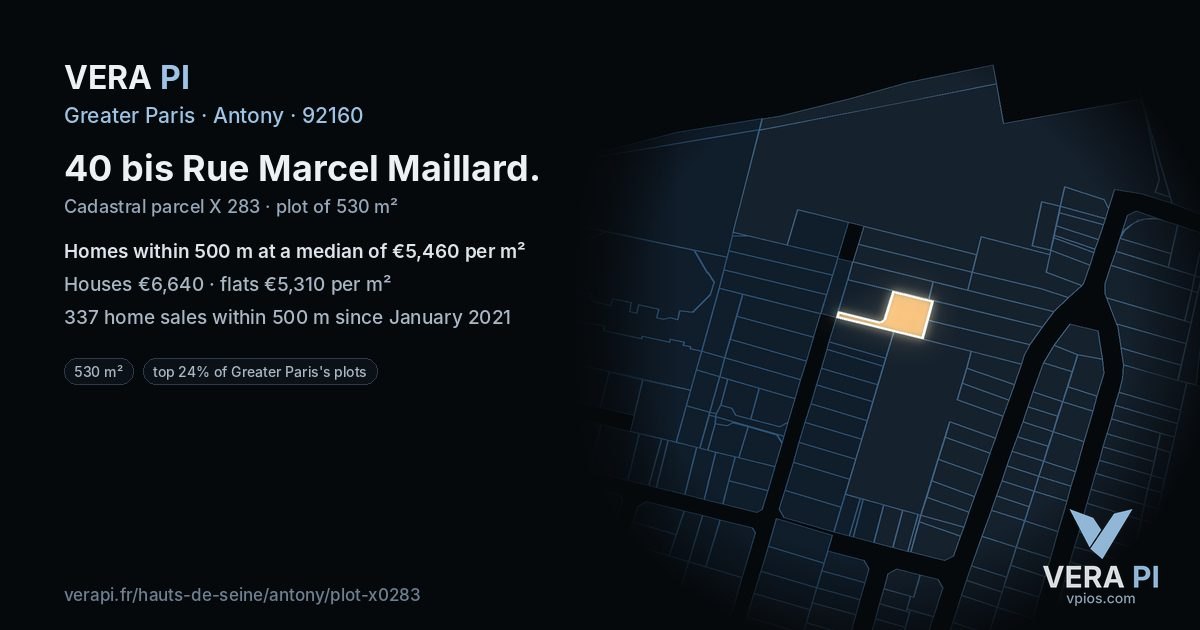 40 bis Rue Marcel Maillard, Antony at night – the plot lit, the parcels around coloured by the prices near them
