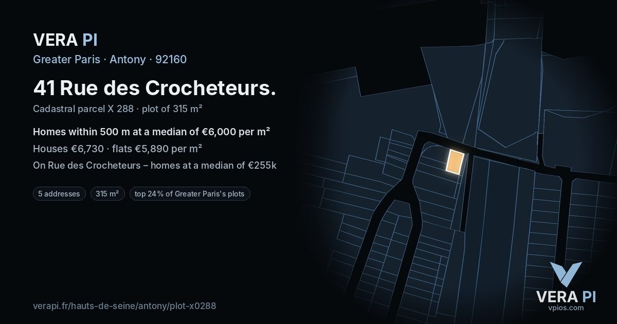 41 Rue des Crocheteurs, Antony at night – the plot lit, the parcels around coloured by the prices near them