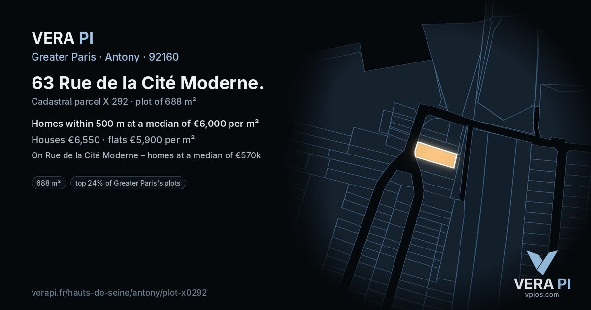 63 Rue de la Cité Moderne, Antony at night – the plot lit, the parcels around coloured by the prices near them