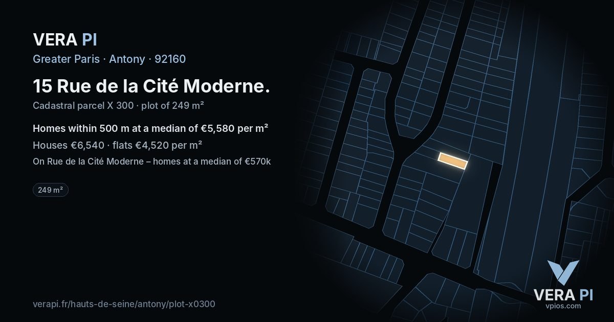 15 Rue de la Cité Moderne, Antony at night – the plot lit, the parcels around coloured by the prices near them
