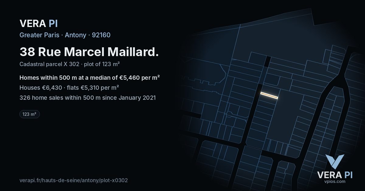 38 Rue Marcel Maillard, Antony at night – the plot lit, the parcels around coloured by the prices near them