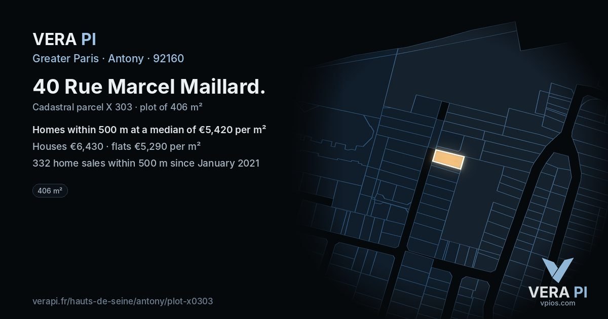 40 Rue Marcel Maillard, Antony at night – the plot lit, the parcels around coloured by the prices near them