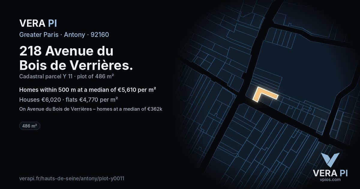 218 Avenue du Bois de Verrières, Antony at night – the plot lit, the parcels around coloured by the prices near them