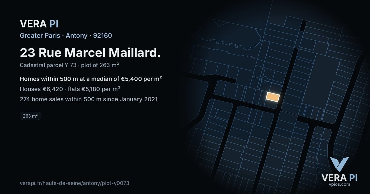 23 Rue Marcel Maillard, Antony at night – the plot lit, the parcels around coloured by the prices near them