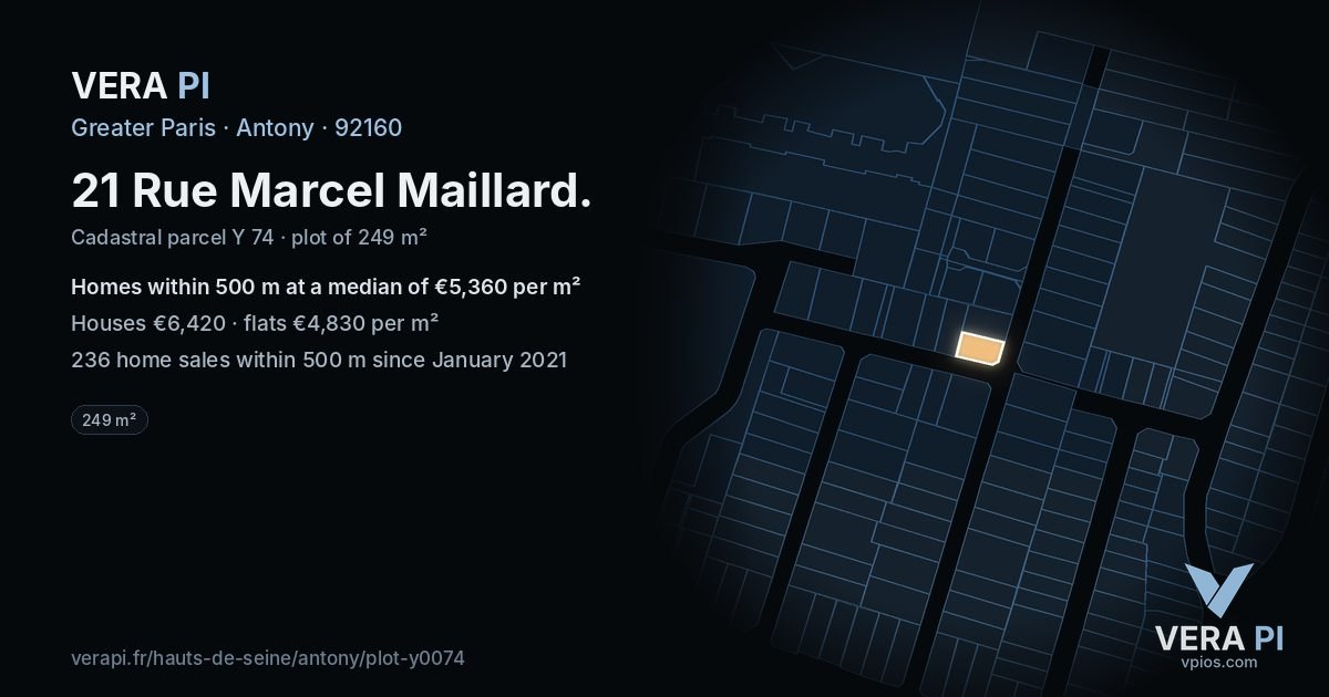 21 Rue Marcel Maillard, Antony at night – the plot lit, the parcels around coloured by the prices near them