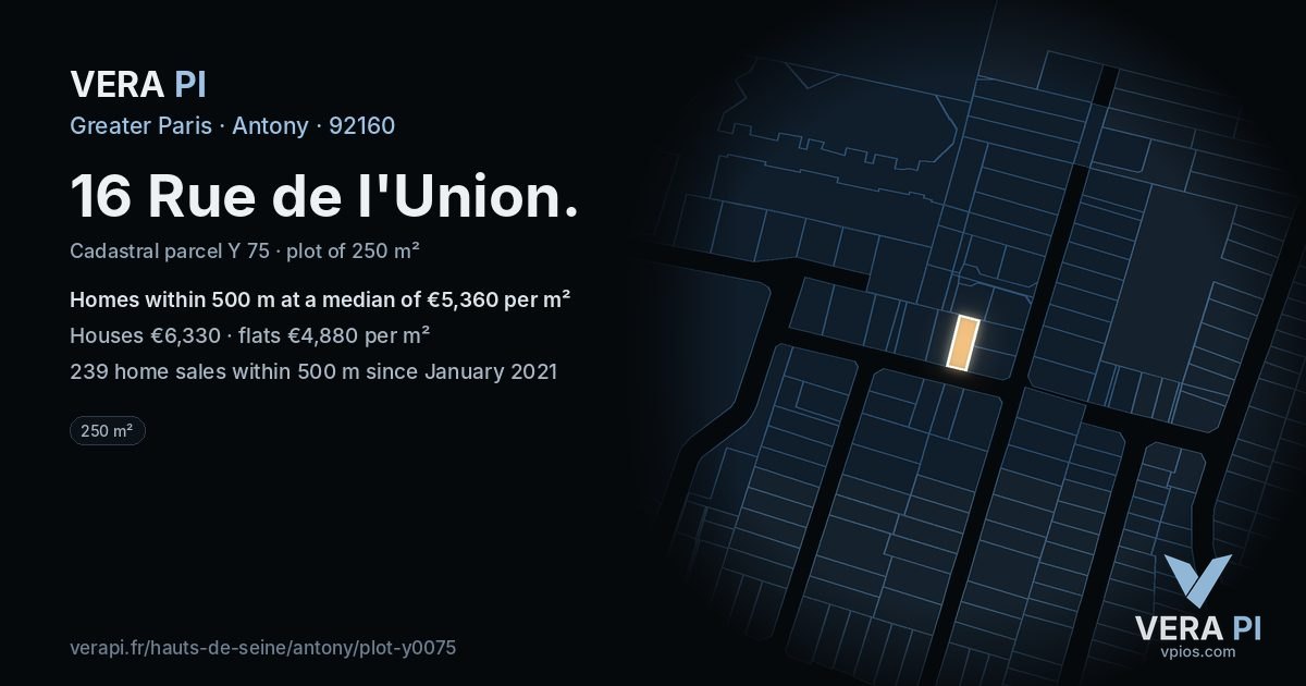 16 Rue de l'Union, Antony at night – the plot lit, the parcels around coloured by the prices near them