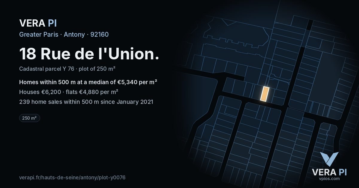 18 Rue de l'Union, Antony at night – the plot lit, the parcels around coloured by the prices near them