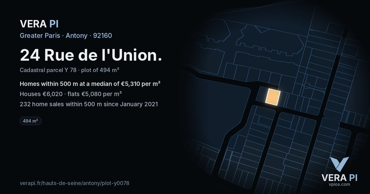 24 Rue de l'Union, Antony at night – the plot lit, the parcels around coloured by the prices near them