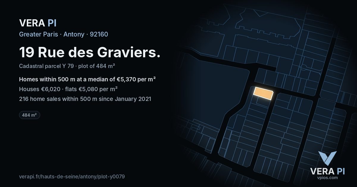 19 Rue des Graviers, Antony at night – the plot lit, the parcels around coloured by the prices near them