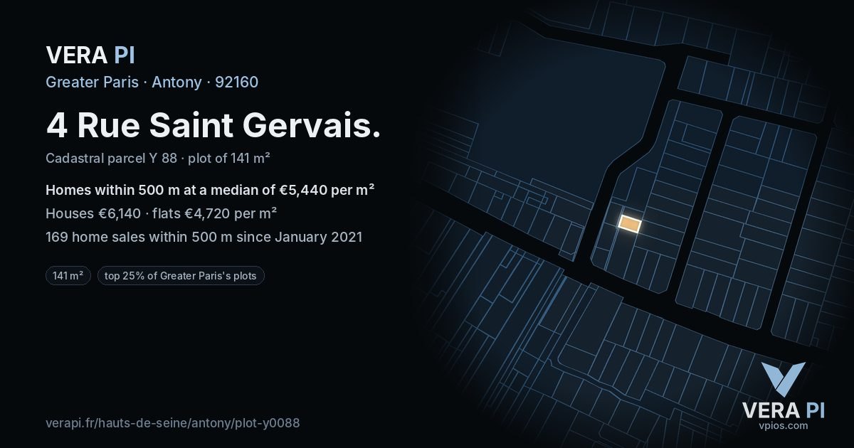 4 Rue Saint Gervais, Antony at night – the plot lit, the parcels around coloured by the prices near them