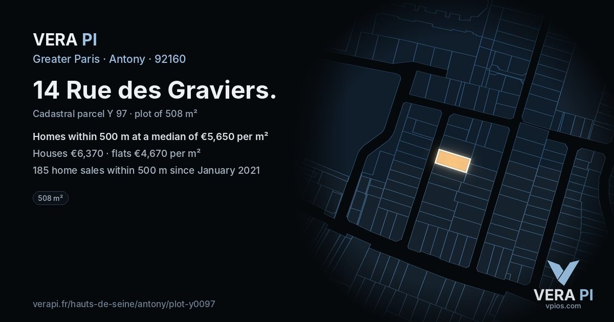 14 Rue des Graviers, Antony at night – the plot lit, the parcels around coloured by the prices near them