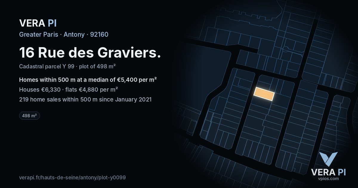 16 Rue des Graviers, Antony at night – the plot lit, the parcels around coloured by the prices near them