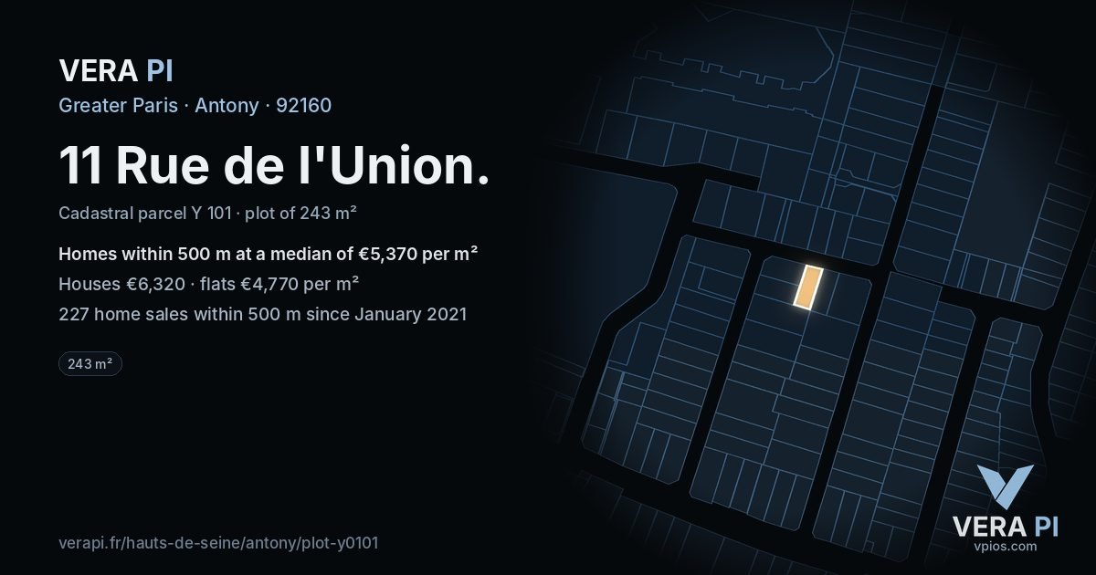 11 Rue de l'Union, Antony at night – the plot lit, the parcels around coloured by the prices near them