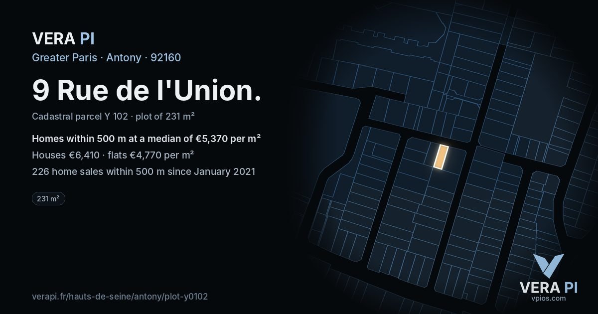 9 Rue de l'Union, Antony at night – the plot lit, the parcels around coloured by the prices near them