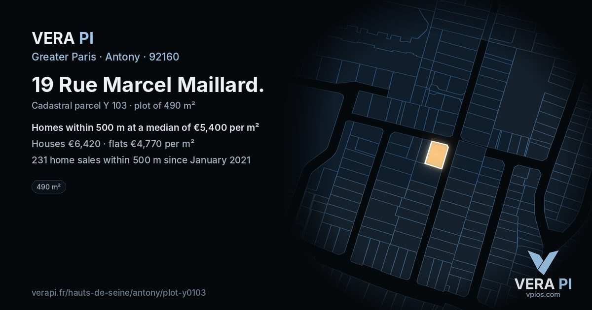 19 Rue Marcel Maillard, Antony at night – the plot lit, the parcels around coloured by the prices near them