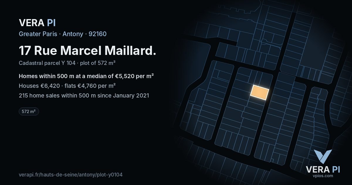 17 Rue Marcel Maillard, Antony at night – the plot lit, the parcels around coloured by the prices near them