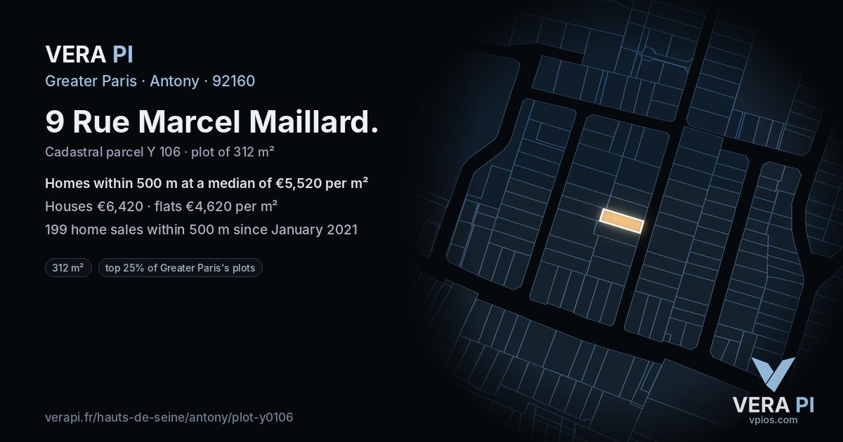 9 Rue Marcel Maillard, Antony at night – the plot lit, the parcels around coloured by the prices near them
