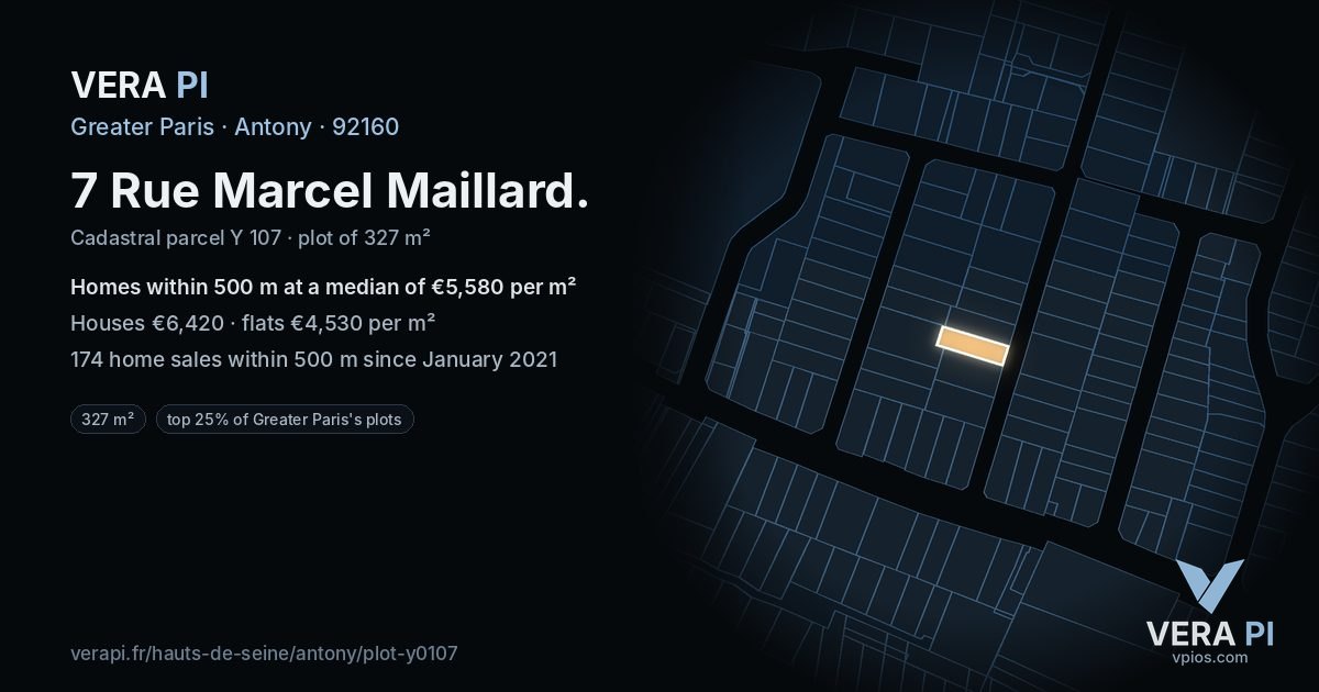 7 Rue Marcel Maillard, Antony at night – the plot lit, the parcels around coloured by the prices near them