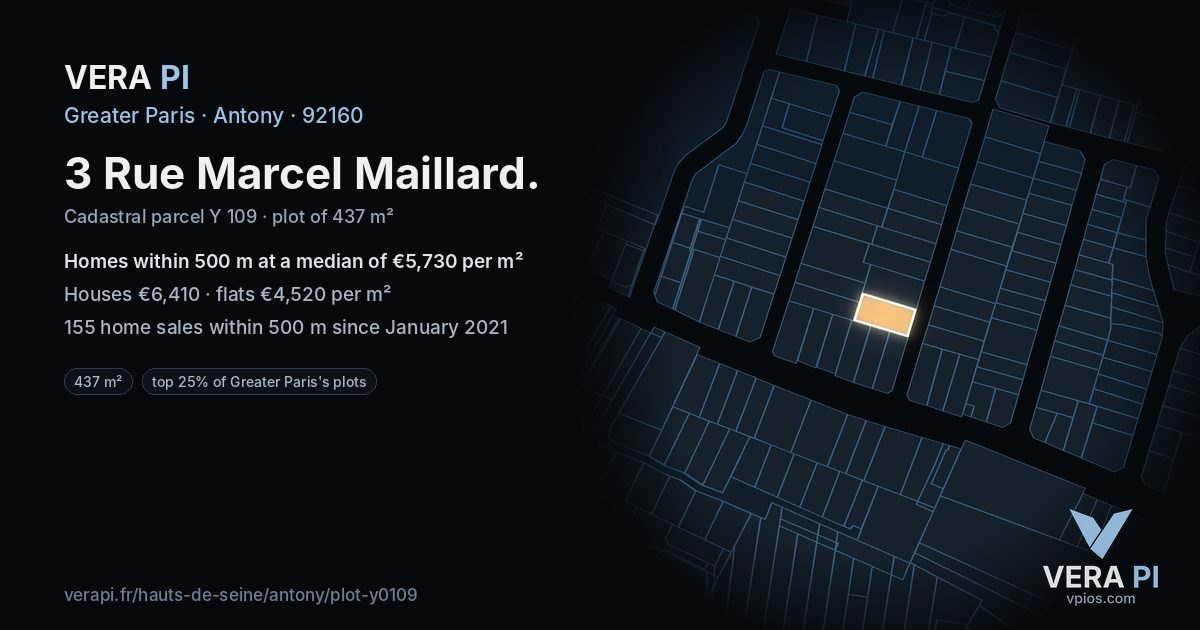 3 Rue Marcel Maillard, Antony at night – the plot lit, the parcels around coloured by the prices near them