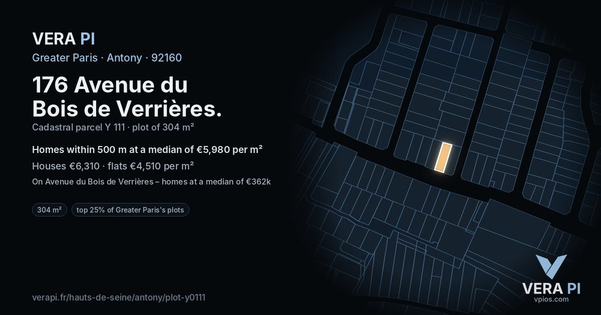 176 Avenue du Bois de Verrières, Antony at night – the plot lit, the parcels around coloured by the prices near them