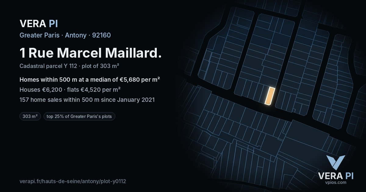 1 Rue Marcel Maillard, Antony at night – the plot lit, the parcels around coloured by the prices near them