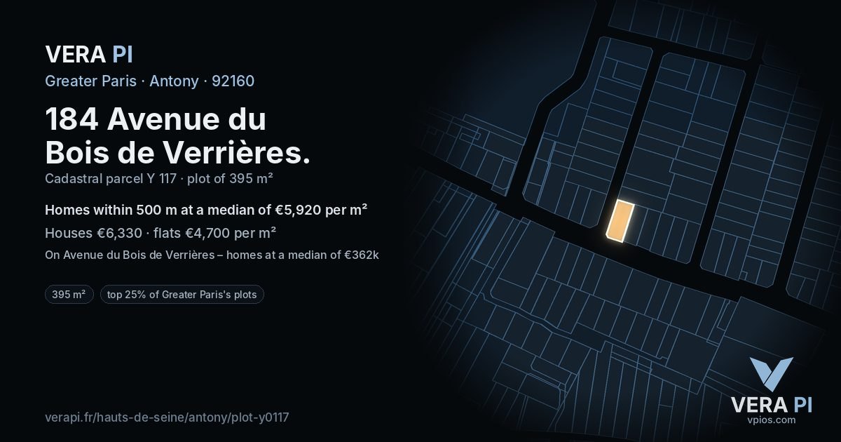 184 Avenue du Bois de Verrières, Antony at night – the plot lit, the parcels around coloured by the prices near them