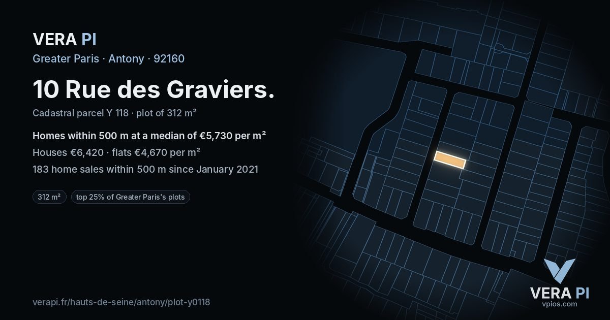 10 Rue des Graviers, Antony at night – the plot lit, the parcels around coloured by the prices near them