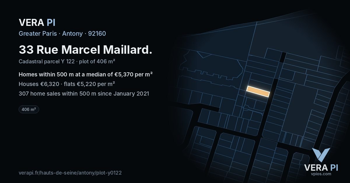 33 Rue Marcel Maillard, Antony at night – the plot lit, the parcels around coloured by the prices near them